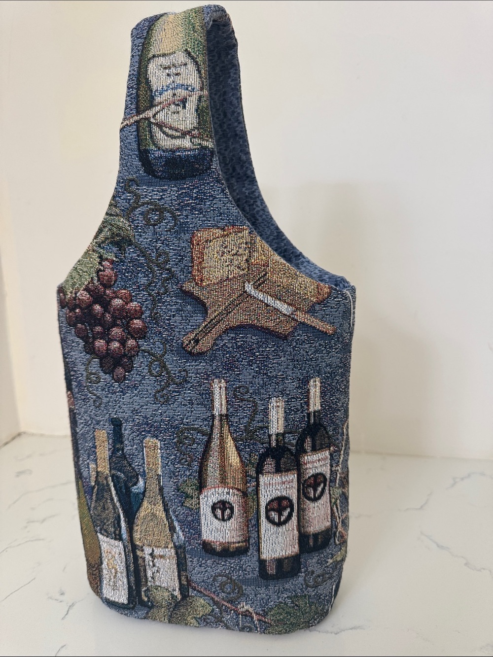 Wine Bottle Tote Bag - Blue Tapestry Design